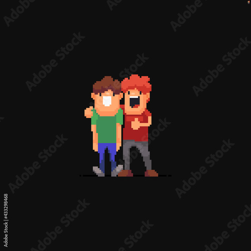 Two male pixel art characters staying together and laughing