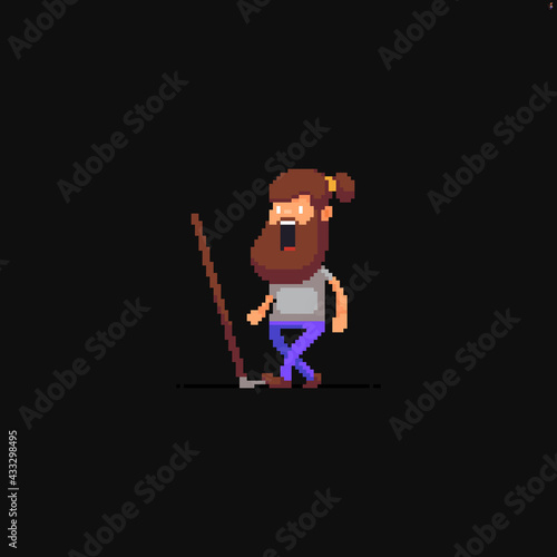 Pixel art male bearded character while stepping on rake