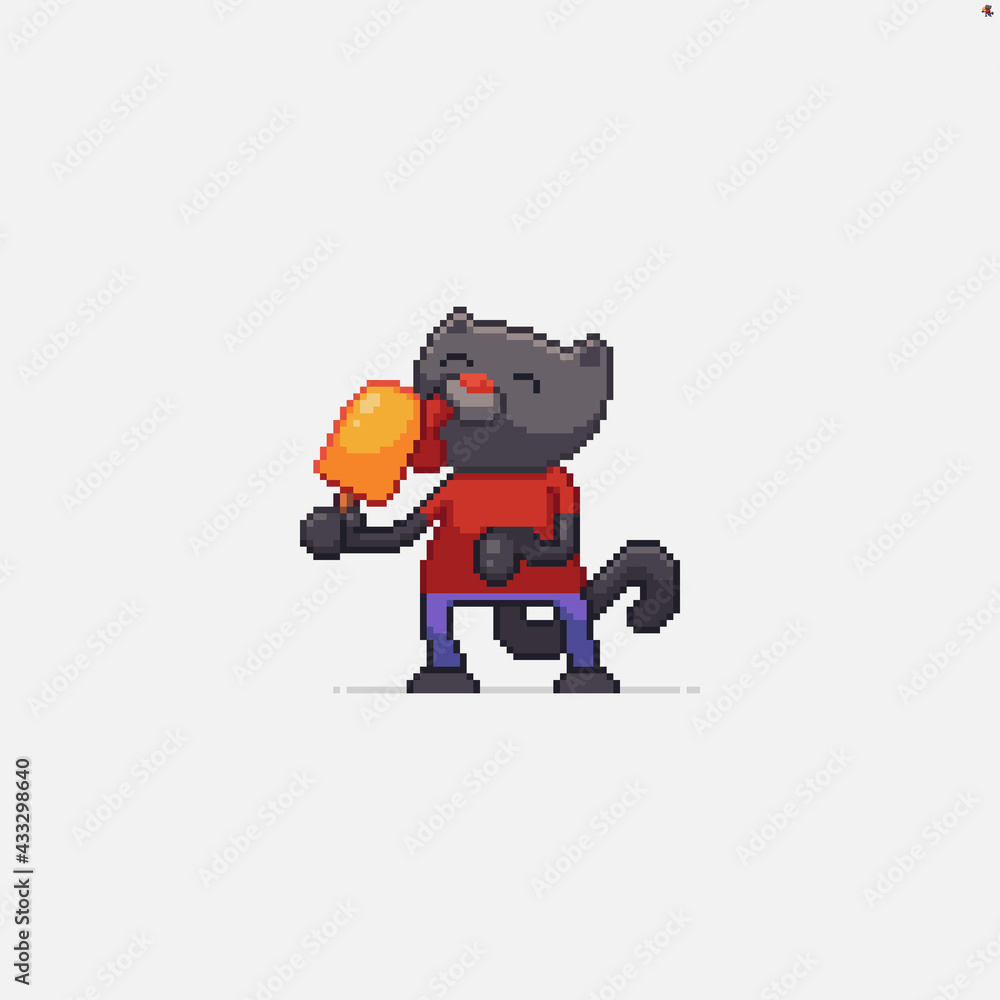 Pixel art cat character licking orange ice cream