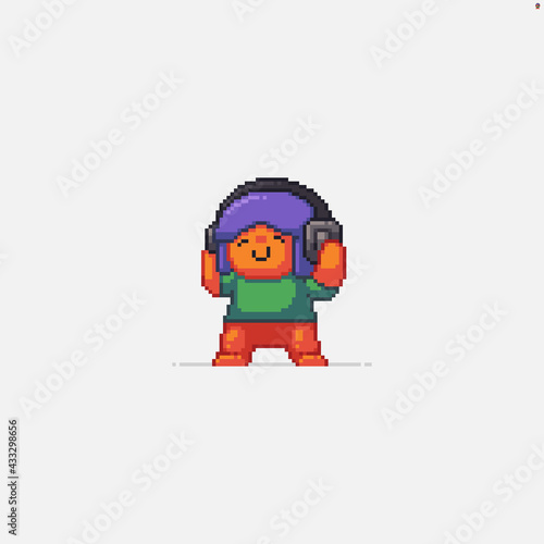 Pixel art female character listening to music in headphones