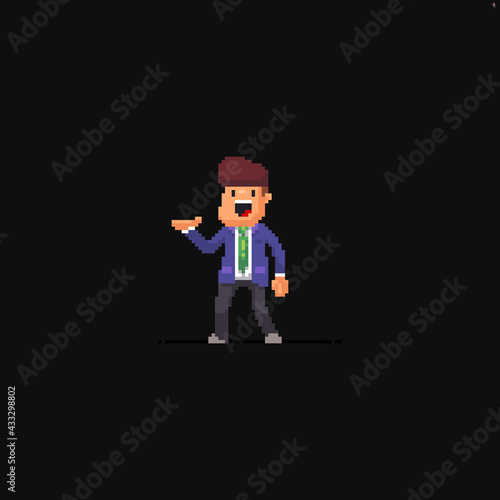 Pixel art guy in office suit showing something with his hand