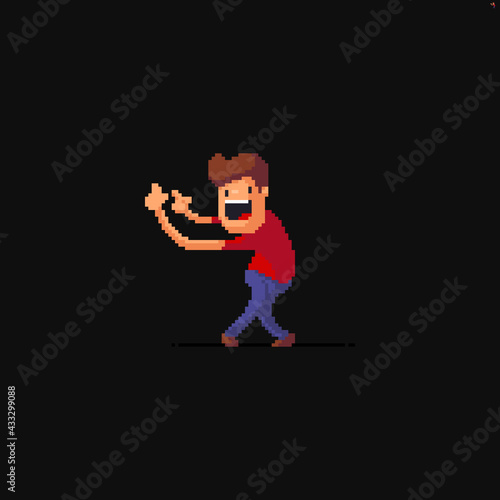 Funky pixel art character in red t-shirt and blue pants pointing on something while bending in funny posture