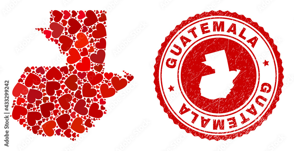 Mosaic Guatemala map formed with red love hearts, and unclean seal stamp. Vector lovely round red rubber stamp imprint with Guatemala map inside.