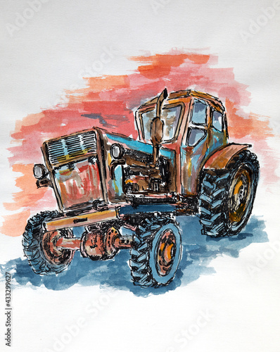 Принти на полотні Watercolor sketch of a rustic old tractor on a bright red and blue background