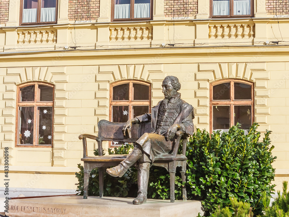 Statue of Count Gyorgy outside Franciscan Church on Foe Square. Keszthely, Hungary