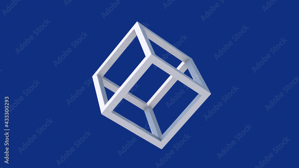 White cube rotating, blue background. Abstract illustration, 3d render. White cube rotating, blue background. Abstract illustration, 3d render.