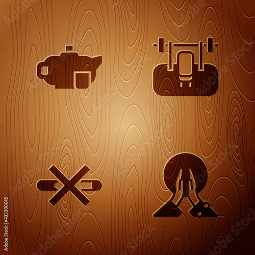 Set Meditation, Teapot with cup, No Smoking and Bench barbel on wooden background. Vector