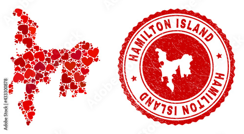 Mosaic Hamilton Island map composed with red love hearts, and dirty stamp. Vector lovely round red rubber seal stamp imitation with Hamilton Island map inside.