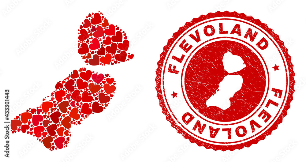 Mosaic Flevoland Province map formed with red love hearts, and rubber badge. Vector lovely round red rubber seal stamp imprint with Flevoland Province map inside. Mosaic Flevoland Province map formed with red love hearts, and rubber badge. Vector lovely round red rubber seal stamp imprint with Flevoland Province map inside.