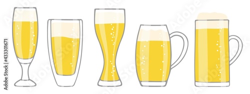 Set of Beer glasses isolated on white. Five different shapes glasses of beer with foam and bubbles. Oktoberfest background Concept for pub, bar, restaurant menu, party decor, beverage drinks template