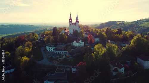 Linz, Austria - May 08 2021 Pöstlingberg Church. Aerial view of Church. Historic monument and religious building