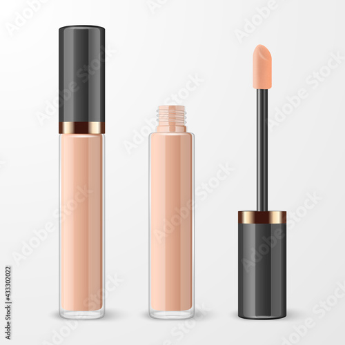 Vector 3d Realistic Closed, Opened Lip Gloss, Foundation, Concealer, Corrector Package, Black Cap Isolated. Glass Container, Tube. Plastic Transparent Bottle, Design Template, Mockup. Front View
