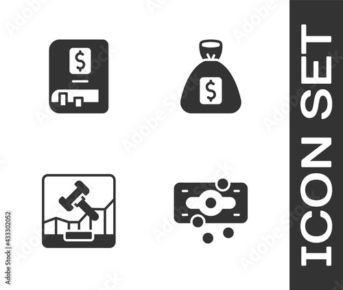 Set Stacks paper money cash, Financial book, Online internet auction and Money bag icon. Vector