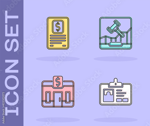 Set Identification badge, Business finance report, Bank building and Online internet auction icon. Vector