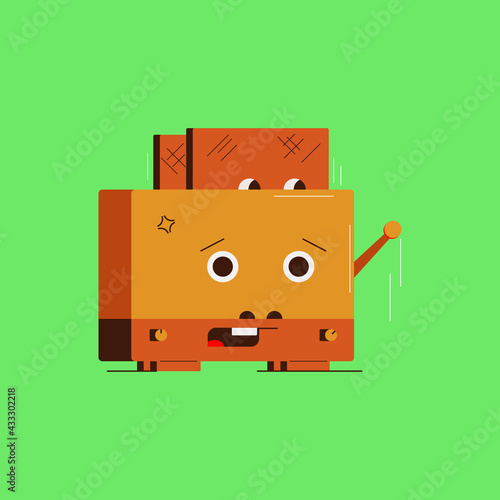 Electric toaster, orange color on a green background.Bread toasting in a toaster, Cartoon toaster with eyes.Electric toaster with a slice of toasted bread,Funny toasts,Kitchen accessories grill toaste