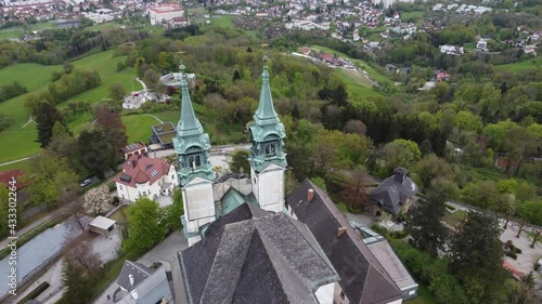 Linz, Austria - May 08 2021 Pöstlingberg Church. Aerial view of Church in austria. Historic monument.  flying over Church.