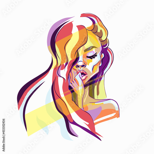 Hand-drawn young beautifu girl with nude makeup and unusual red hair. Fashion illustration of a stylish look. Vector elements for greeting card, invitation, poster, T-shirt design, post card.