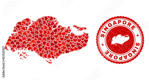 Collage Singapore map created with red love hearts, and rubber stamp. Vector lovely round red rubber stamp imprint with Singapore map inside.