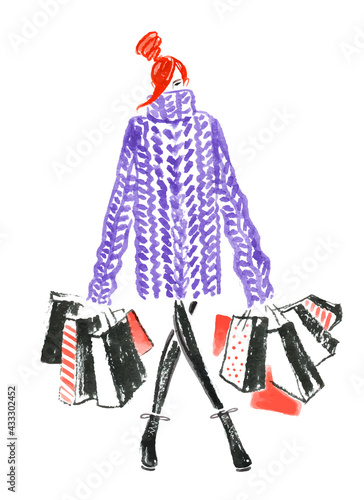 Sketch of woman with shopping bags