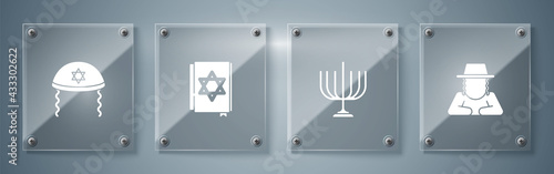 Set Orthodox jewish hat, Hanukkah menorah, Jewish torah book and kippah. Square glass panels. Vector