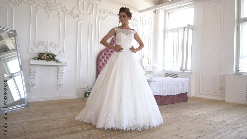 Confident Bride In Amazing Wedding Dress In Hall Slow Motion Confident Bride In Amazing Wedding Dress In Hall Slow Motion