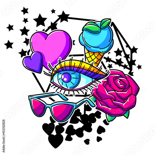 Print with fashion girlish patches. Colorful cute teenage illustration.