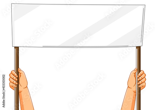 Illustration of hands with banner. Picket sign or protest placard with wooden stick on demonstration or protest.