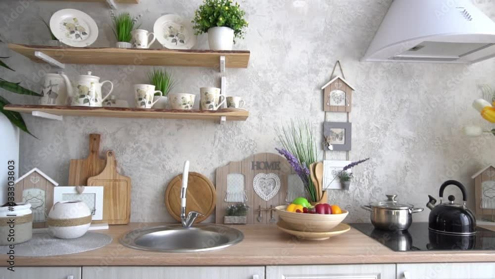 Modern white and wooden beige kitchen interior Modern white and wooden beige kitchen interior