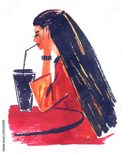 Woman in cafe hand drawn sketch