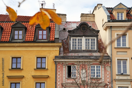 Beautiful old houses in Warsaw, Poland. Architecture details.