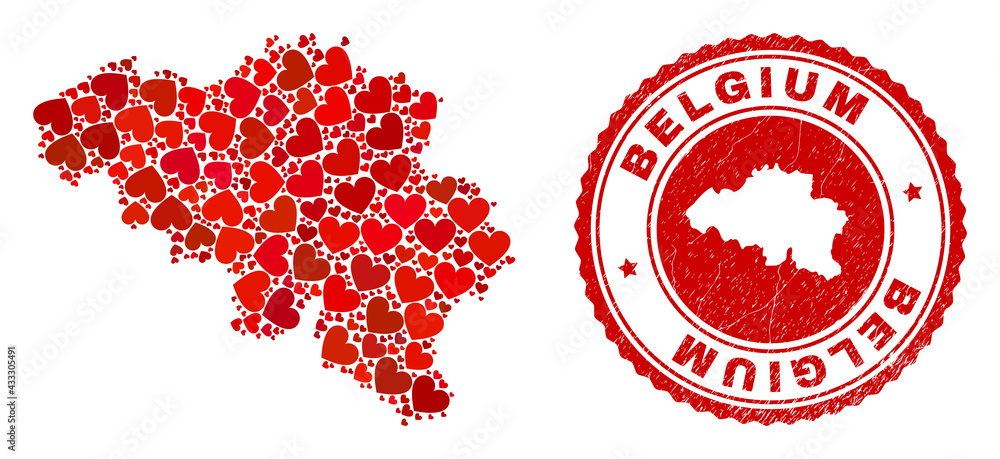 Collage Belgium map composed from red love hearts, and rubber seal stamp. Vector lovely round red rubber seal imprint with Belgium map inside. Collage Belgium map composed from red love hearts, and rubber seal stamp. Vector lovely round red rubber seal imprint with Belgium map inside.
