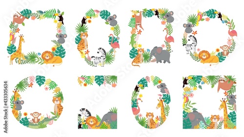 Fototapeta Naklejka Na Ścianę i Meble -  Cartoon Animals Frame Jungle Animal Tropical Leaves Cute Frames With Tiger Lion Giraffe Elephant Illustration Set