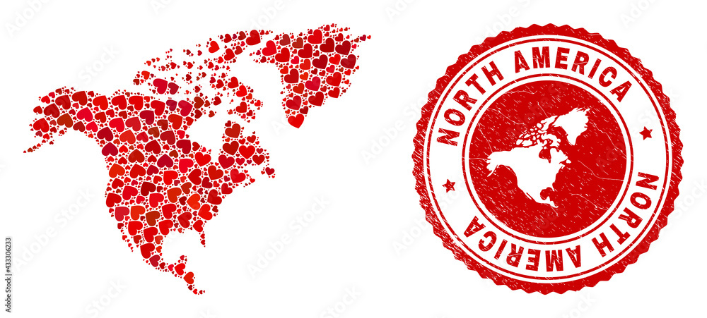 Mosaic North America map created from red love hearts, and grunge badge. Vector lovely round red rubber seal stamp imprint with North America map inside. Mosaic North America map created from red love hearts, and grunge badge. Vector lovely round red rubber seal stamp imprint with North America map inside.