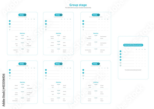 European football 2020 tournament. Group A, B, C, D, E, F vector stock illustration. 2020 European soccer tournament. The table to be printed and completed