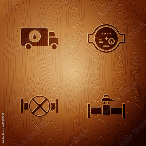 Set Industry pipe and valve, Plumber service car, and Water meter on wooden background. Vector