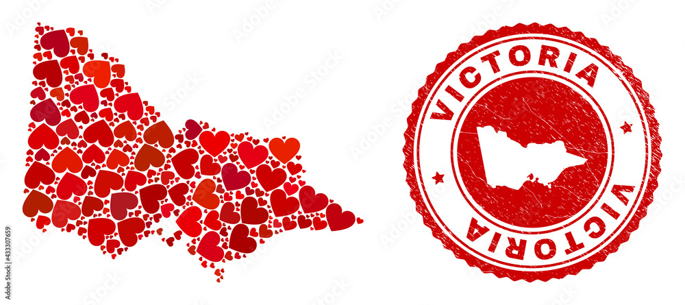 Collage Australian Victoria map formed with red love hearts, and rubber seal. Vector lovely round red rubber seal stamp imprint with Australian Victoria map inside. Collage Australian Victoria map formed with red love hearts, and rubber seal. Vector lovely round red rubber seal stamp imprint with Australian Victoria map inside.