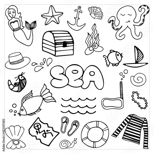 Vector hand drawn set with sea, marine elements. Doodle summer travel illustration