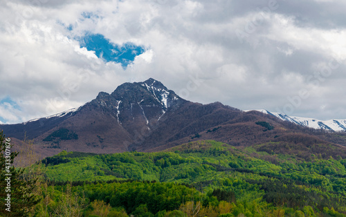 Colorful landscape in spring of big mountain peak and green forest. © EdVal