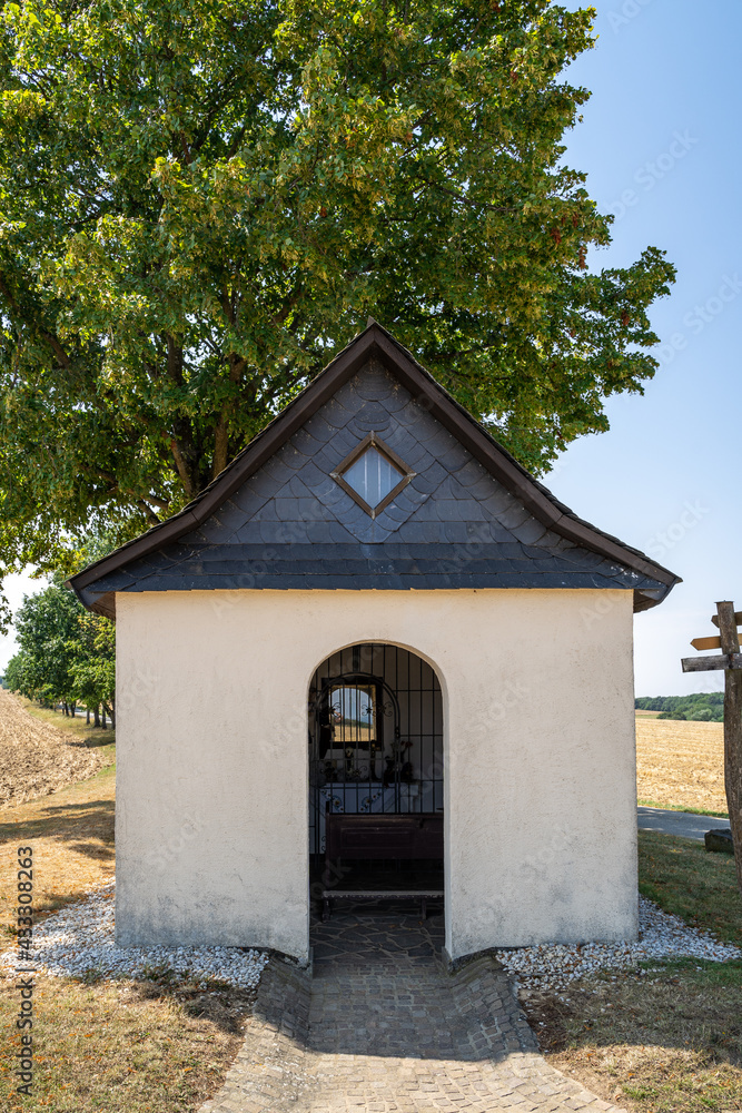 Small chapel in landscape with huge tree in the background Small chapel in landscape with huge tree in the background