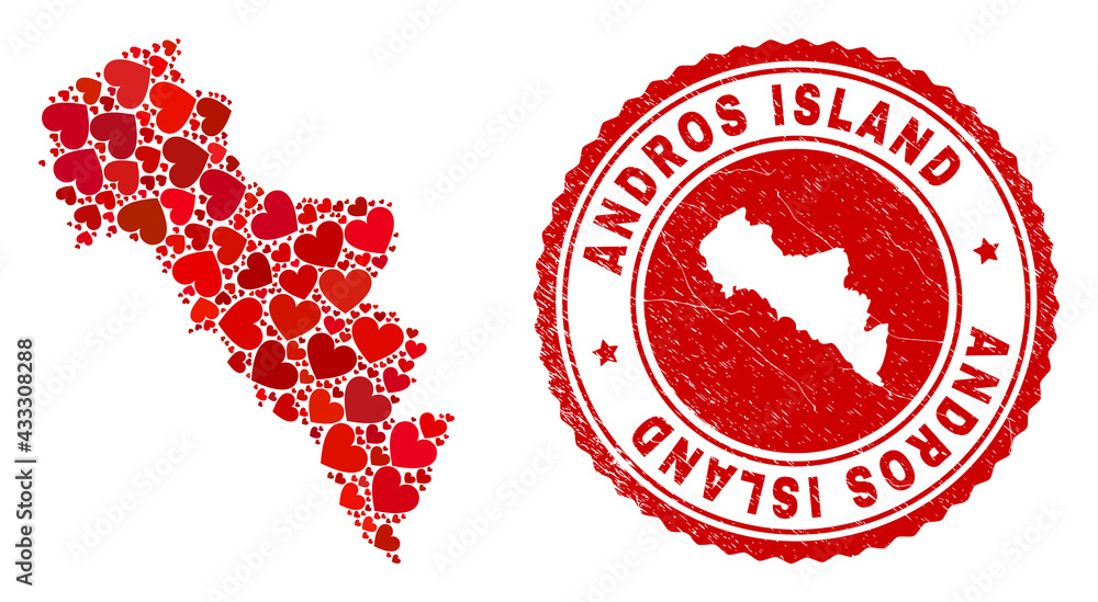 Mosaic Andros Island of Greece map designed with red love hearts, and textured seal stamp. Vector lovely round red rubber seal imitation with Andros Island of Greece map inside. Mosaic Andros Island of Greece map designed with red love hearts, and textured seal stamp. Vector lovely round red rubber seal imitation with Andros Island of Greece map inside.