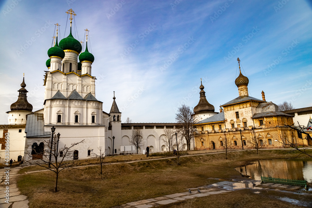 The Rostov Kremlin ensemble on a sunny spring day: walls, towers and temples. Rostov the Great.