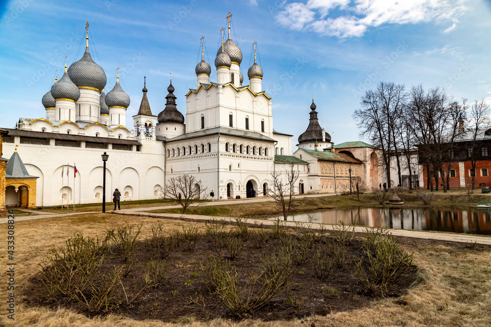  The Assumption Cathedral in Rostov the Great on a sunny day on the territory of the white stone Kremlin.