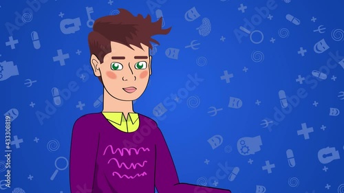 Monologue of a animated blogger boy announcer explanation, training and commentary news