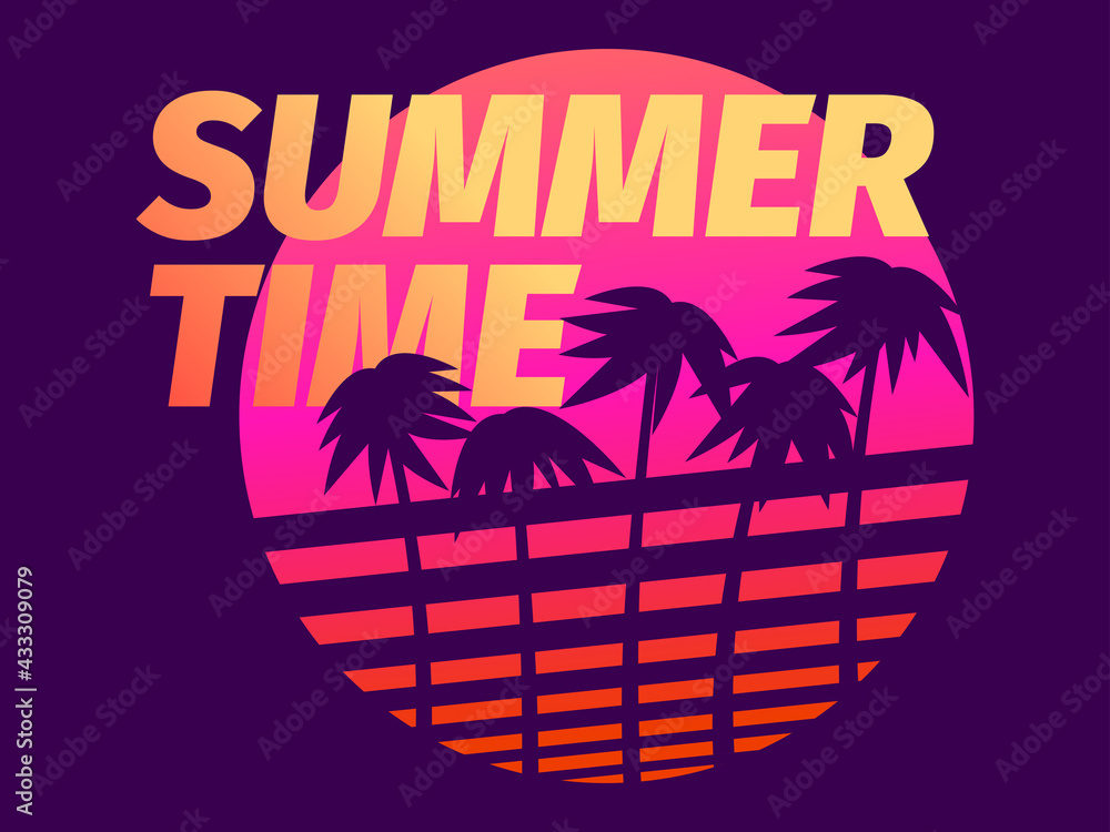 Naklejka premium Summer time. Palm trees against a gradient sun in the style of the 80s. Synthwave and retrowave style. Design for advertising brochures, banners, posters, travel agencies. Vector illustration