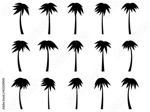 Set of black silhouettes of palm trees isolated on white background. Large collection of palm tree designs for posters and promotional items. Vector illustration