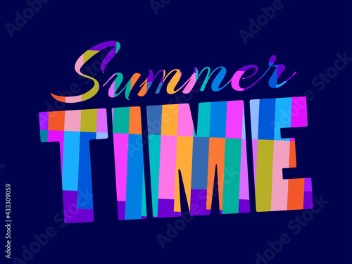 Summer time. Text with a multicolored geometric pattern. 80s retro design for poster and banner. Vector illustration