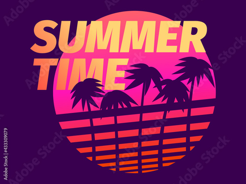 Summer time. Palm trees against a gradient sun in the style of the 80s. Synthwave and retrowave style. Design for advertising brochures, banners, posters, travel agencies. Vector illustration