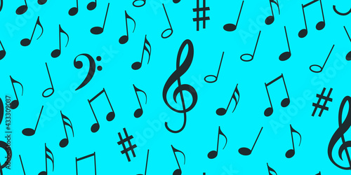 Seamless flying musical notes on blue. Musical symbols for banner of festival, print design, melody recording, design back layers. Template musical notation symphony signs, notes for sound tune music