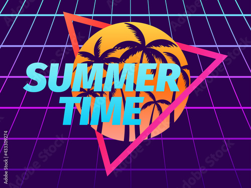 Summer time. 80s retro sci-fi palm trees on a sunset in a triangular frame. Synthwave and retro wave style. Design for advertising brochures, banners, posters, travel agencies. Vector illustration