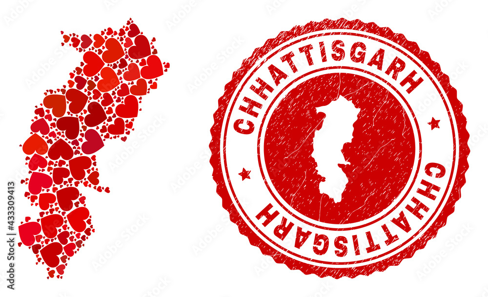 Collage Chhattisgarh State map designed with red love hearts, and textured seal stamp. Vector lovely round red rubber stamp imprint with Chhattisgarh State map inside. Collage Chhattisgarh State map designed with red love hearts, and textured seal stamp. Vector lovely round red rubber stamp imprint with Chhattisgarh State map inside.
